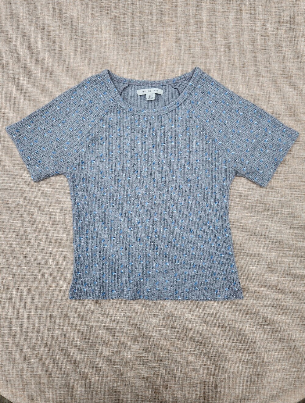 American Eagle Ribbed Floral Baby Tee Crop Top Gray Blue Print Small